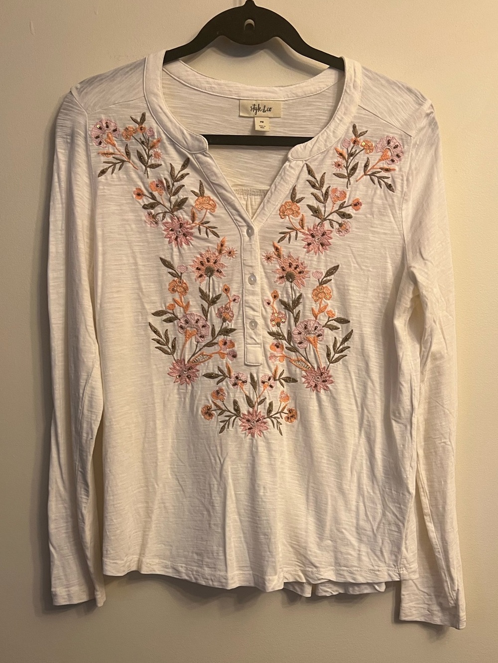Lucky Brand White Long-Sleeve Henley with Pink & Peach Floral Embroidery
